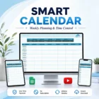 Smart Calendar Google Sheets template displayed on desktop, tablet, and phone screens