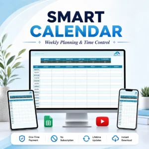 Smart Calendar Google Sheets template displayed on desktop, tablet, and phone screens