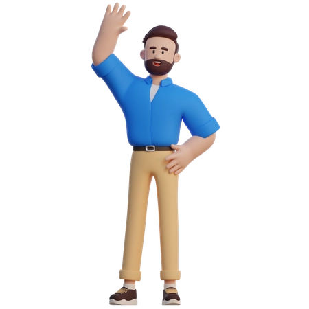 3D illustration of a bearded man waving hello, wearing a blue shirt and beige pants.