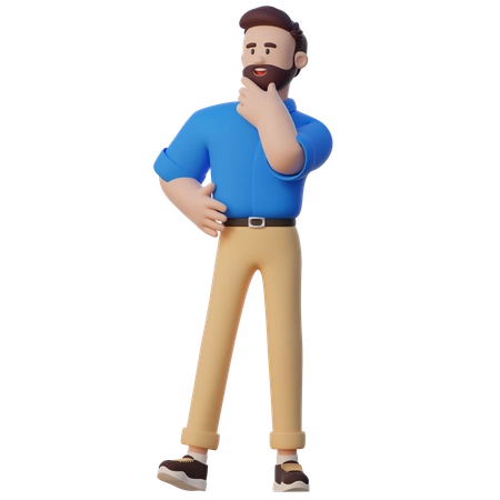 3D illustration of a bearded man thinking with his hand on his chin, blue shirt and beige pants