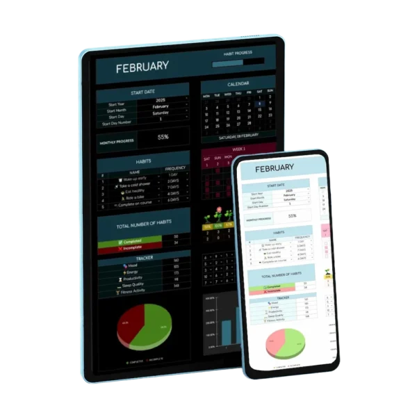 Ultimate habit tracker in dark mode on tablet and smartphone.