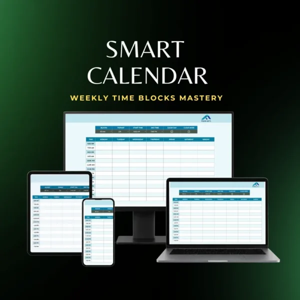 Smart Calendar Google Sheets template displayed on desktop, laptop, tablet, and phone screens